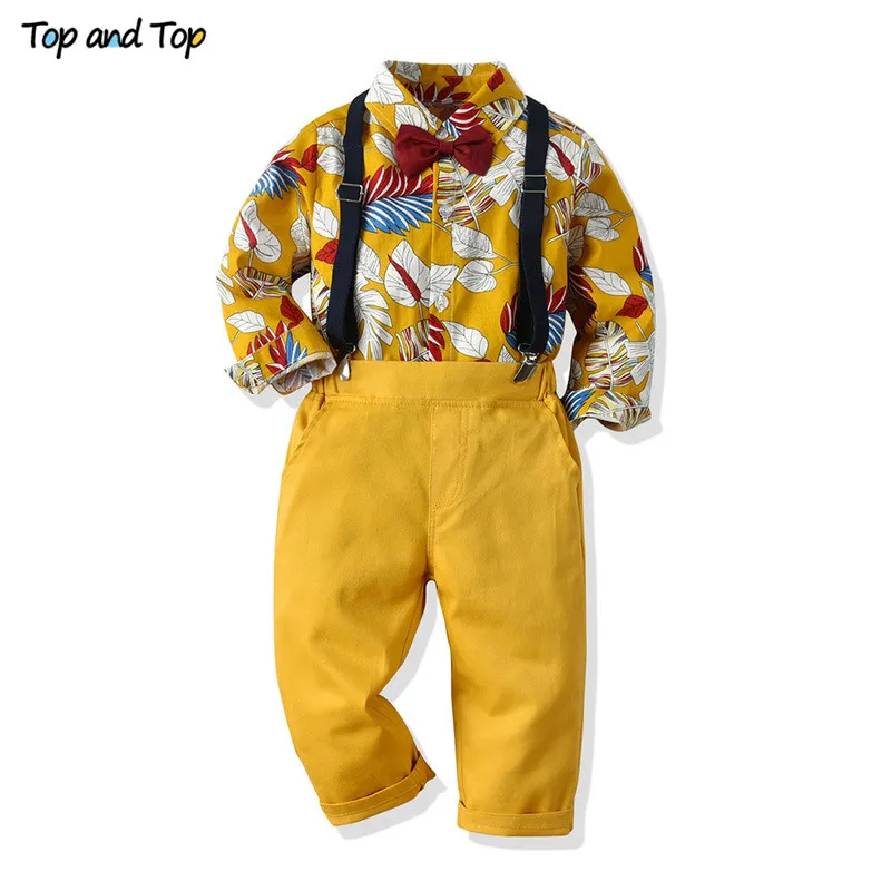 

Top and Top Autumn&Winter Baby Boy Formal Clothing Set Long Sleeve Printed Shirt with Bowtie+Suspender Trousers Gentleman Suit