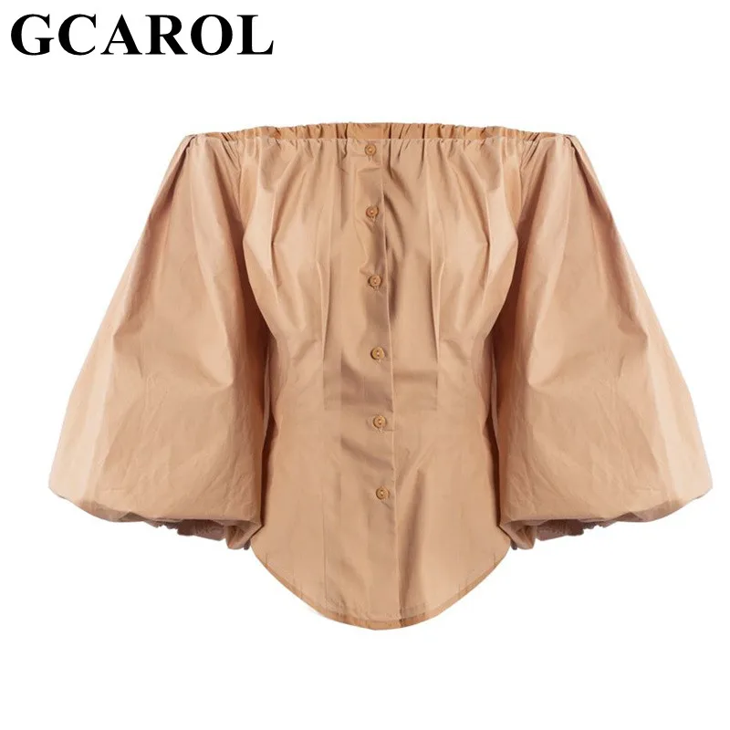 

GCAROL Women Slash Neck Sexy Blouse Big Lantern Sleeve 100% Cotton Breath Asymmetric Vintage French Court Style Top In 4 Season