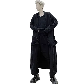 

2020 Spring New Men Black Splice Long Cardigan Trench Coat Male Japan Streetwear Gothic Hip Hop Loose Jacket Outerwear