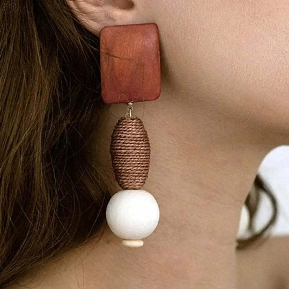 

MANILAI Bohemia Wood Beaded Balls Dangle Earrings Pendant Earrings Handmade Weaving Rope Statement Earrings Accessories