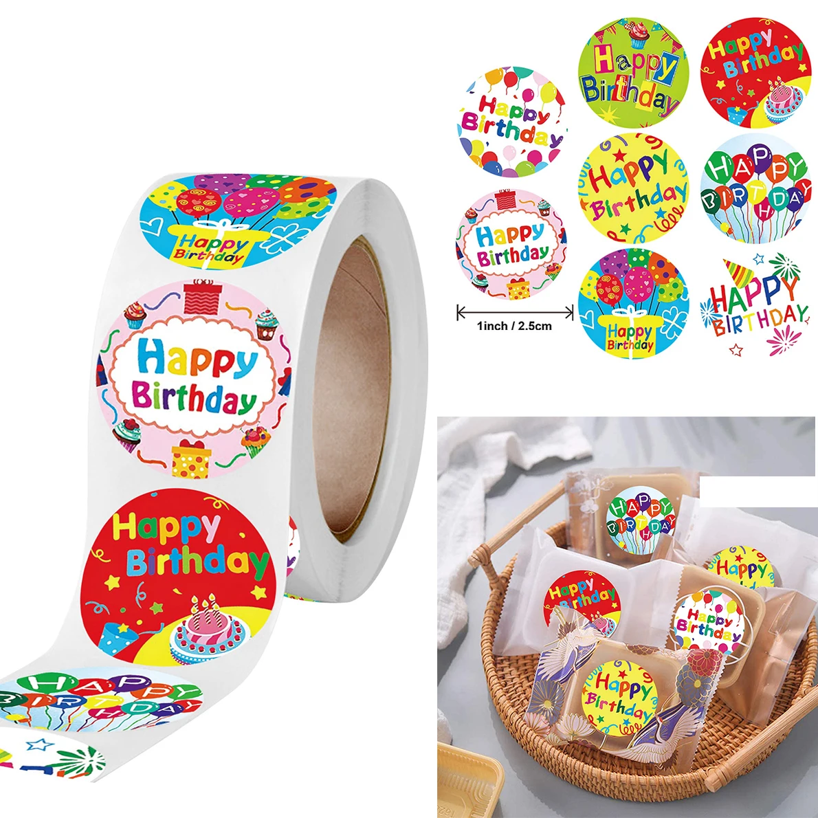 

2.5cm Kawaii Happy Birthday Color Stickers 500pccs/roll Kids Gift Packaging Sealing Decoration DIY Labels Stationery Sticker