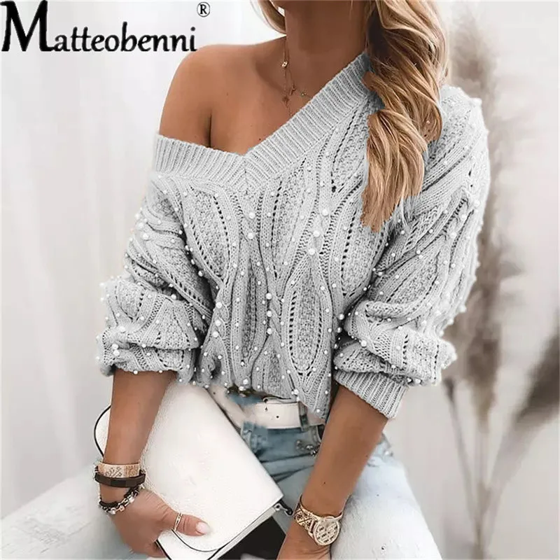 Autumn Winter 2021 Pearl Casual Loose Sweater Women Knitted Jumper Pullovers Fashion Long Sleeve V Neck Pull Femme Oversized