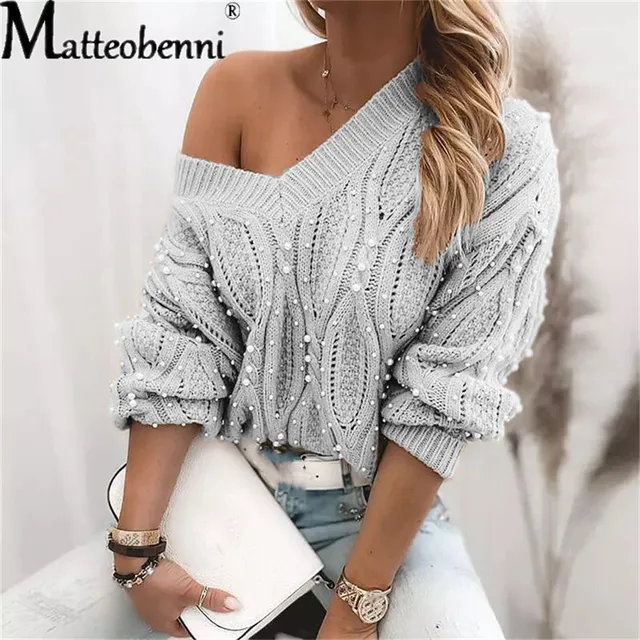 Autumn Winter 2021 Pearl Casual Loose Sweater Women Knitted Jumper Pullovers Fashion Long Sleeve V Neck Pull Femme Oversized gray