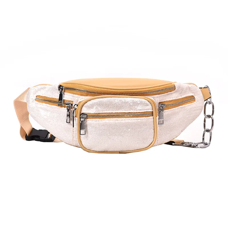 

Women's Waist Bag PU leather Laser Sequin Chain Fanny Pack Bananka Bag on A Belt Fashion Satchel Women Belly Band Belt Bag