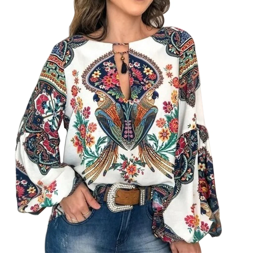 Oeak размера плюс, женская блузка, летние топы, повседневный цветочный принт, блуза с рукавом-фонариком, топ с принтом, Свободный пуловер с круглым вырезом, топ, блузка