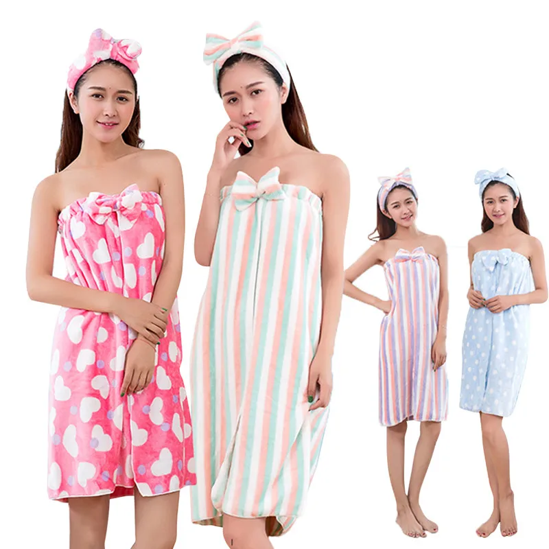 Butterfly Knot Bath Towel With Headband Set Flannel Super Absorbent Soft Wearable Nightwear Skirt Spa Beach Towels | Дом и сад
