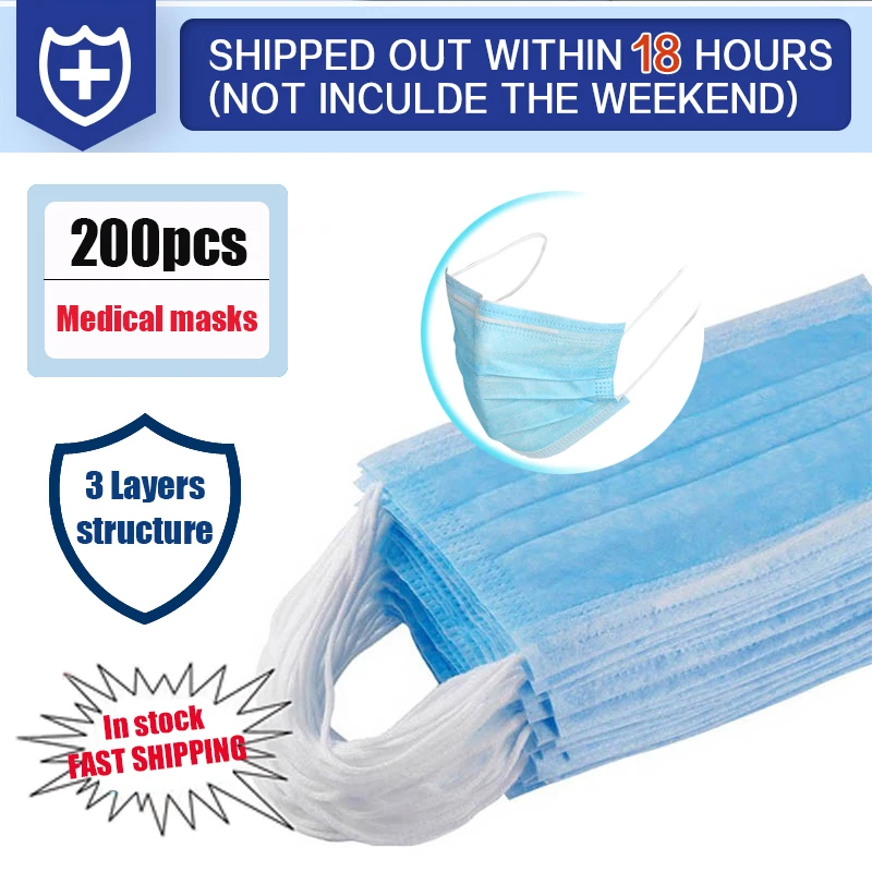 

200Pcs Medical Mask Disposable Dustproof Face Mouth Masks Anti 3-Ply PM2.5 Anti Influenza Breathing Safety Masks Anti-viral