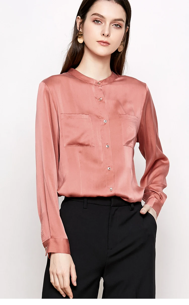 SuyaDream, женские одноцветные нагрудные Блузы с карманами, 19 мм, шелк, атлас, длинный рукав, офисная блуза, рубашка,, офисные женские рубашки