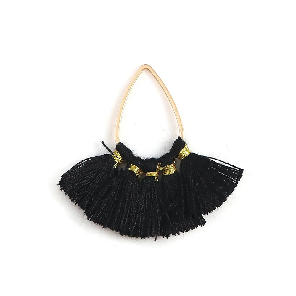 

DoreenBeads Fashion Zinc Based Alloy & Cotton Tassel Pendants Fan-shaped Gold White Black Jewelry DIY Charms 37mm x 35mm, 1 PC