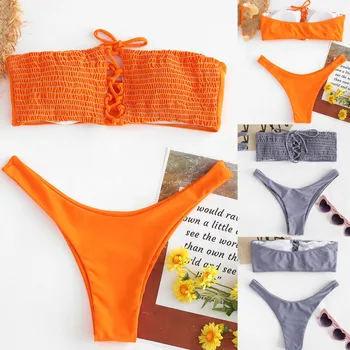 

Women Wrapped Chest Solid Bikini Set Padded Bandeau Sexy Swimsuit Swimwear Suit 2020 hot new products supplier Spot Dropshippin