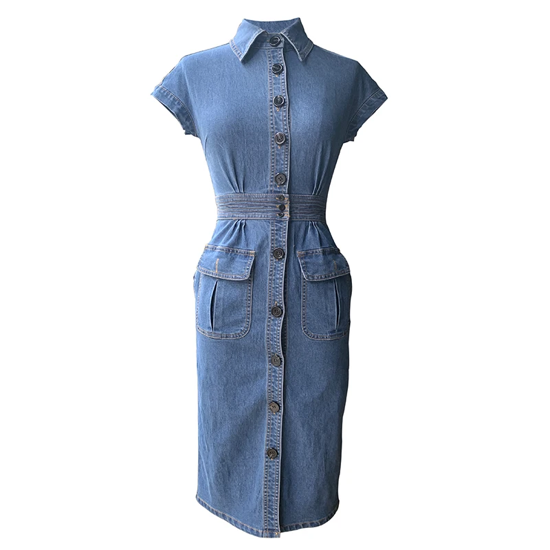 short sleeve dress Винтажные женские джинсовые платья средней длины с длинным рукавом, Весенние Новые повседневные однобортные облегающие Женские Модные платья с запахом - Цвет: short sleeve dress