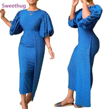 

Women Print Long Dress O Neck Puff Sleeves Slim Party Occasion Elegant Classy Modest Female African Fashion Vestidos Robes Gowns