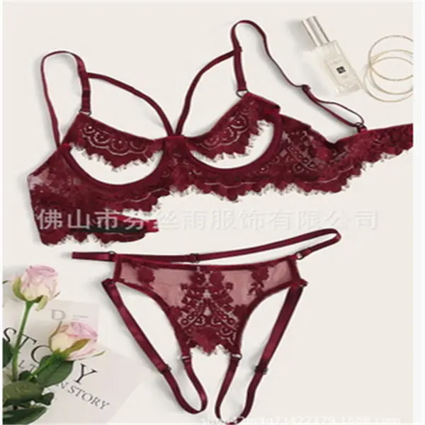 Wine Red Набор стрингов из 2 предметов. Женское белье, бюстгальтер, трусики, нижнее белье, сексуальное кружевное ночное белье, женское ночное белье, сексуальный комплект - Цвет: Wine Red