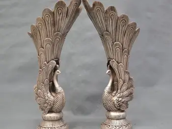 

zm 14'' China Silver Bronze Peacock Vase a pair of Bronze Statue