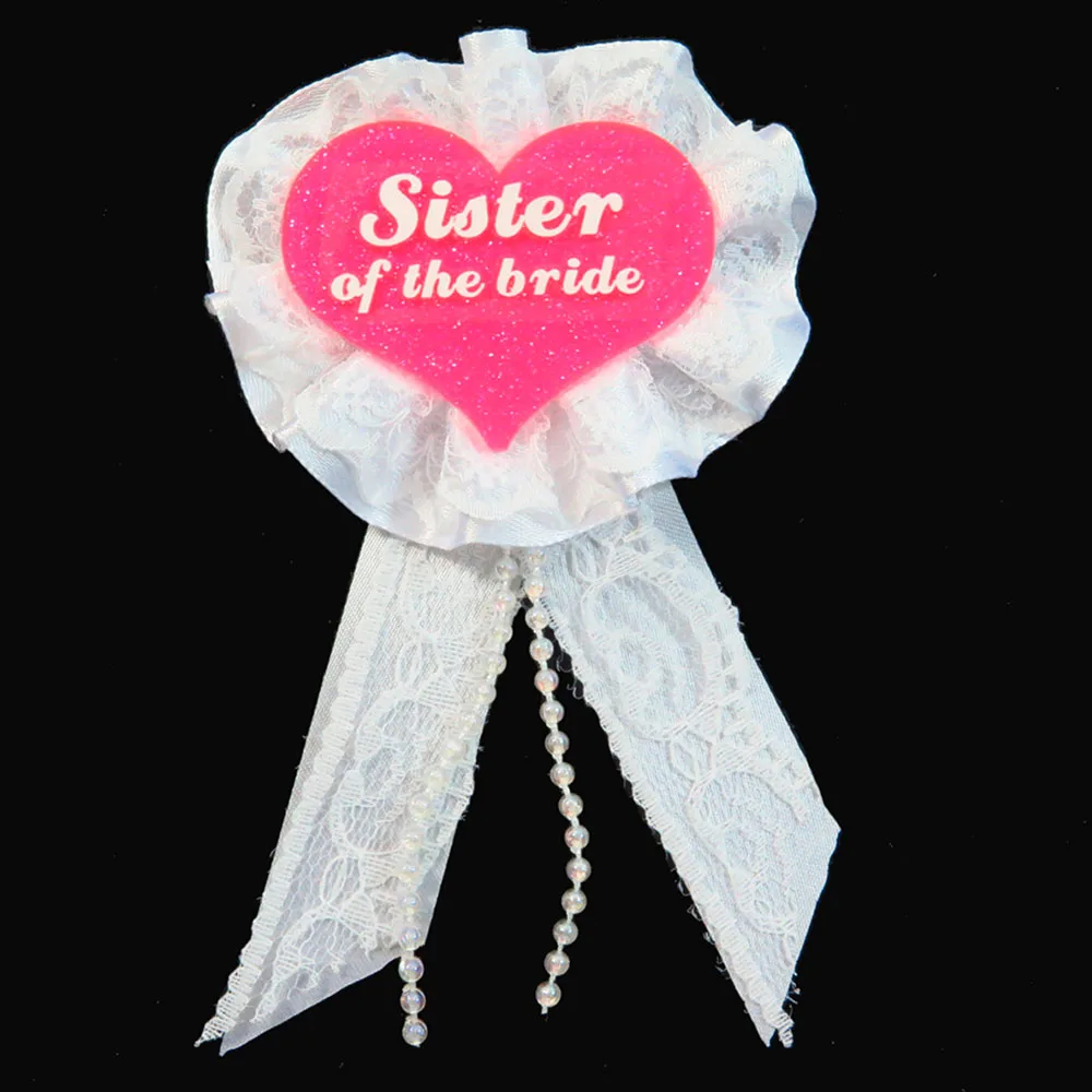 WWPINKGLITTERsisotbr Pink glitter badge heart shape White lace White ribbon brooch Hen party pin bride to be Bachelorette birthday princess button - Color: WWPINKGLITTERsisotbr