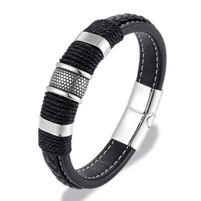 Classic Black Leather Wrap Bracelet for Men Metal Magnetic Clasp Fashion Bangle Bracelet Birthday Gift A7833-Silver-23cm