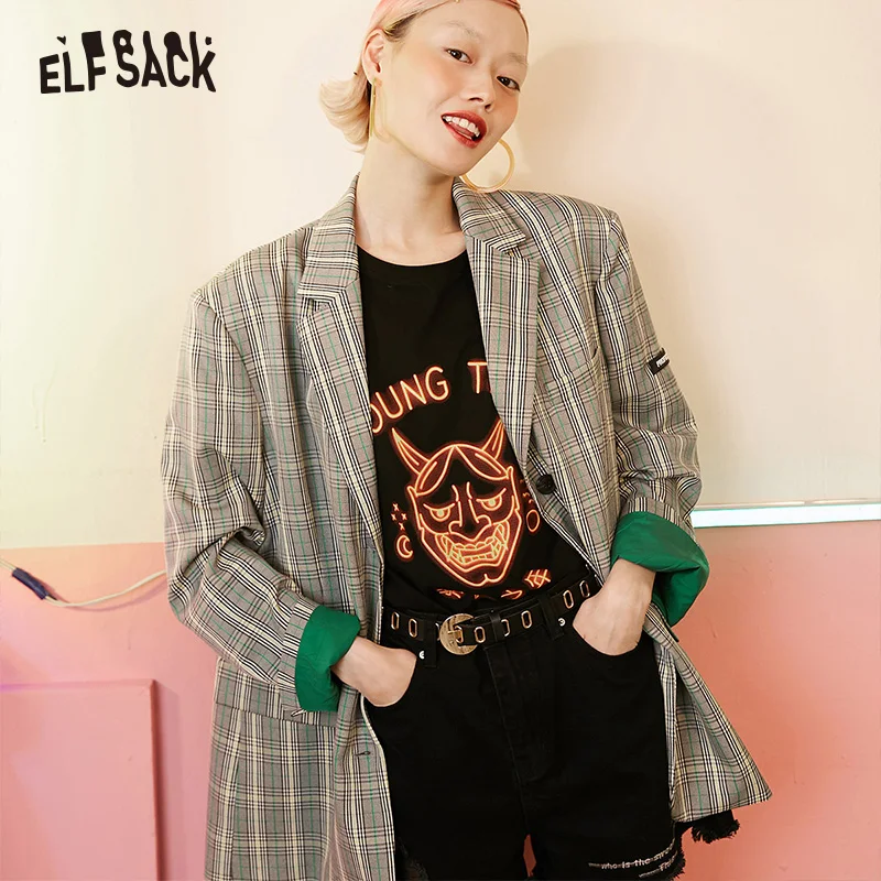 ELFSACK, винтажные клетчатые женские блейзеры, осень, новинка, однобортные Женские повседневные пальто, модная свободная Офисная Женская одежда