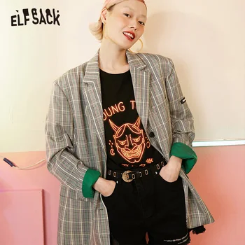 

ELFSACK Vintage Plaid Women Blazers,2019 Autumn New Single Breasted Female Casual Coats Fashion Loose Office Lady Clothing