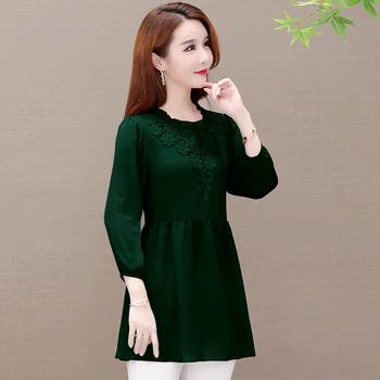 

COIGARSAM 4XL Plus Size Full Sleeve blouse women New Chiffon Loose blusas womens tops and blouses Dark Green Red Navy Blue 8713