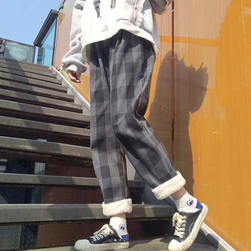 plaid Neploe клетчатые женские брюки, Зимние Повседневные бархатные женские брюки с эластичной резинкой на талии, свободные брюки с высокой талией длиной до лодыжки, широкие брюки 80265 - Цвет: plaid