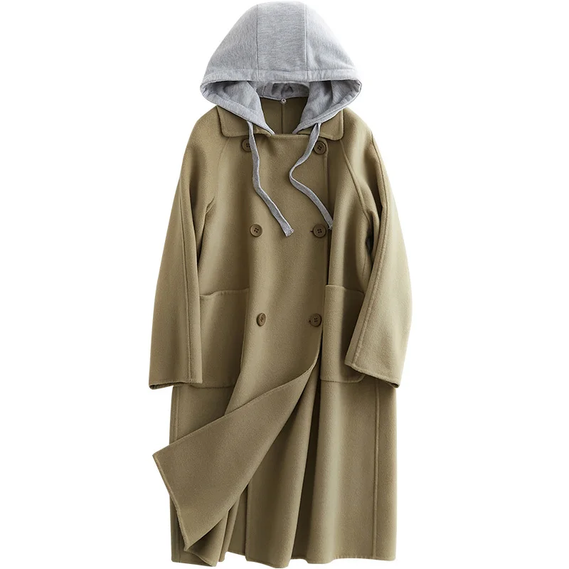 

2020 New Two-sided Wool Overcoat Long Fund Overknee Both Row Buckle Loose Loose Coat