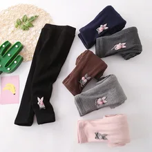 Новые стильные зимние леггинсы для девочек Детские супер мягкие двухслойные плотные брюки хлопковые штаны с аппликацией кролика
