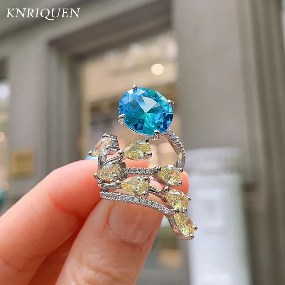2021 Nuovi Ciondoli 10*12Mm Paraiba Tormalina Topazio Anelli Aperti Per Le Donne Laboratorio Diamante Cocktail Fedi Nuziali Dichiarazione Di Gioieller