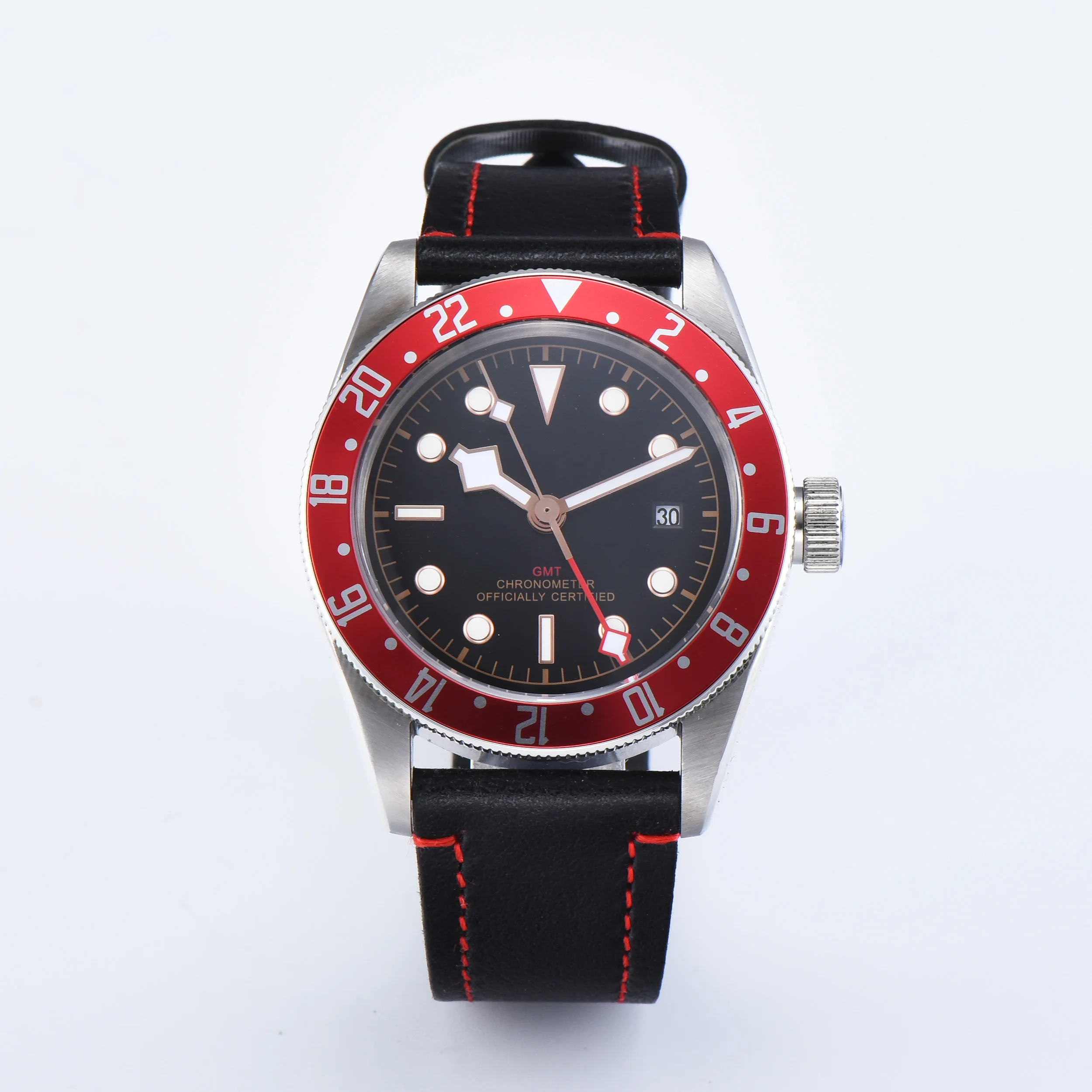 

Corgeut 41mm Sterile GMT watch Black Dial Bay red bezel date window Automatic Mens Watch
