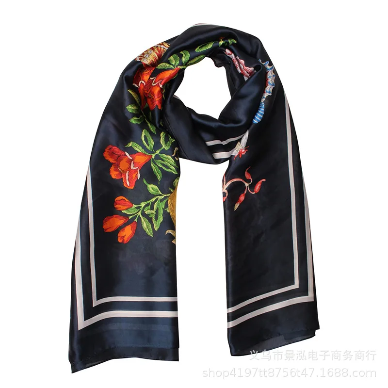 

Flower Pomegranate Flowers China Rose Peony Butterfly Pastoral Style Bordered Design Covered Edge Silk Scarves Women's