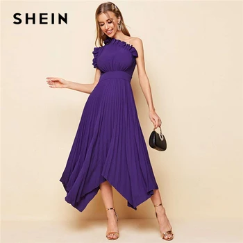 SHEIN фиолетовое плиссированное платье на одно плечо с рюшами и кромкой Hanky, женское осеннее платье с высокой талией и расклешенным подолом, гл...