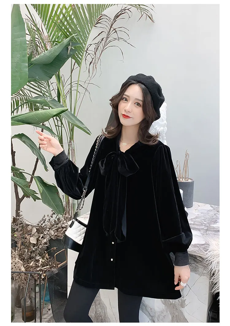 Winter Fashion Maternity Nursing Shirts Long Lantern Sleeve Bow Collar Postpartum Women Buttons Fly Breastfeeding Blouses Black