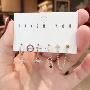 

2021 Inlaid With Colorful Zircon 6Pcs/Set Double Pierced Ears Long Chain Earrings Airplane and Car Earrings Women Jewelry Gift