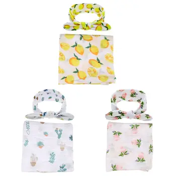 

Newborn Baby Cotton Receiving Blanket Headband Set Print Swaddle Wrap Hair Band