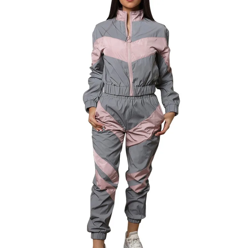 pink Litthing женские спортивные костюмы комплект из 2 предметов Светоотражающая застежка укороченный топ брюки Модные женские Свободная куртка пальто брюки плюс XL - Цвет: pink