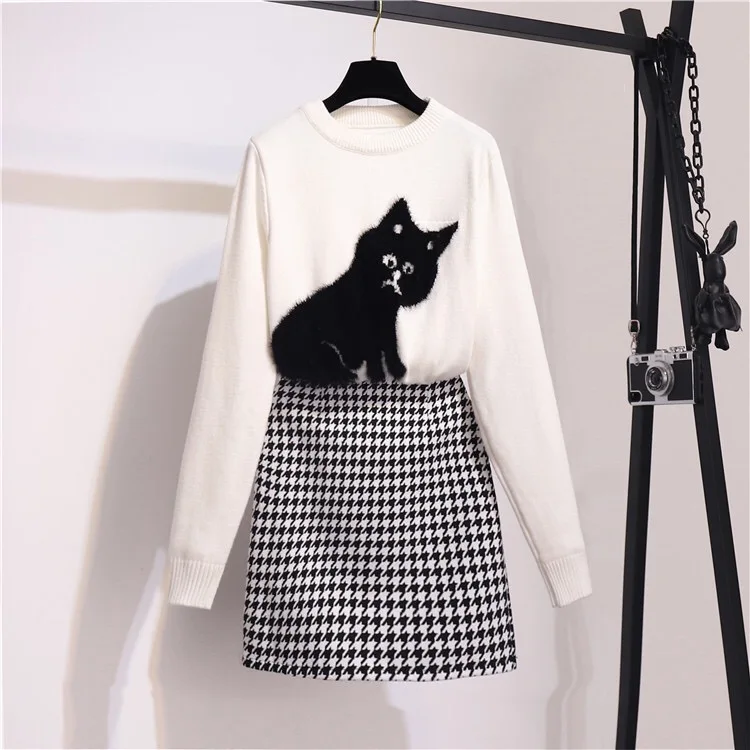 White 2 pieces set Женский вязаный свитер с котом из искусственного меха в стиле пэчворк, топы+ твидовая мини-юбка с высокой талией, комплект из двух предметов на осень и зиму - Цвет: White 2 pieces set