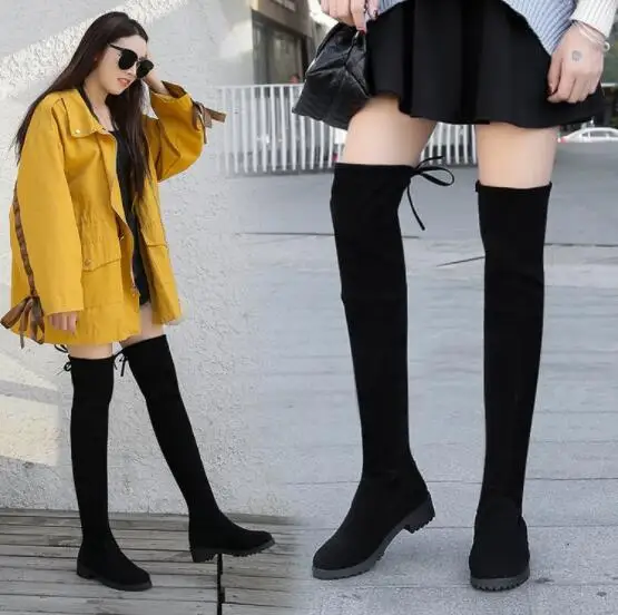 

NAUSK Thigh High Boots Female Winter Boots Women Over The Knee Boots Flat Stretch Sexy Fashion Shoes 2018 Black Botas Mujer