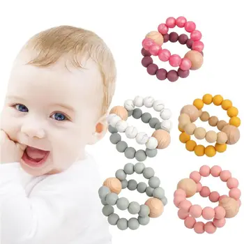 

OOTDTY Baby Silicone Teethers Beech Wood Teething Wooden Ring Baby Sensory Rattles Toys 19QF