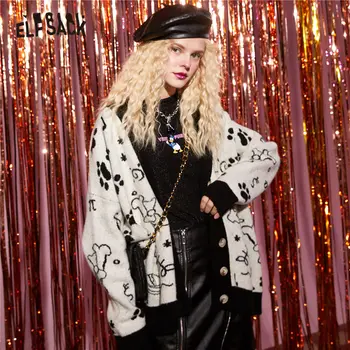 

ELFSACK White Cartoon Jacquard Chic Button Knit Casual Women Cardigan,2020 Autumn ELF Korean Ladies Oversive Daily Graphic Top