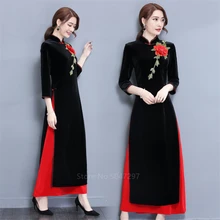 Традиционная одежда во Вьетнаме; платье для женщин; свадебное платье для девочек; Cheongsam Qipao; Бархатное облегающее платье с цветочной вышивкой и разрезом