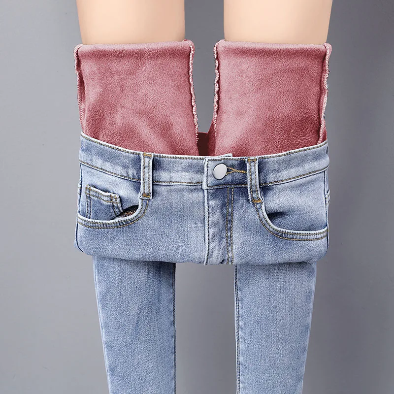 Warm Jeans Pants For Women Plus Size Winter Blue Light blue Solid Skinny Fleeces Thick Pencil Pants with Velvet Denim Trousers Warm Jeans Pants For Women Plus Size Winter Blue Light blue Solid Skinny Fleeces Thick Pencil Pants with Velvet Denim Trousers