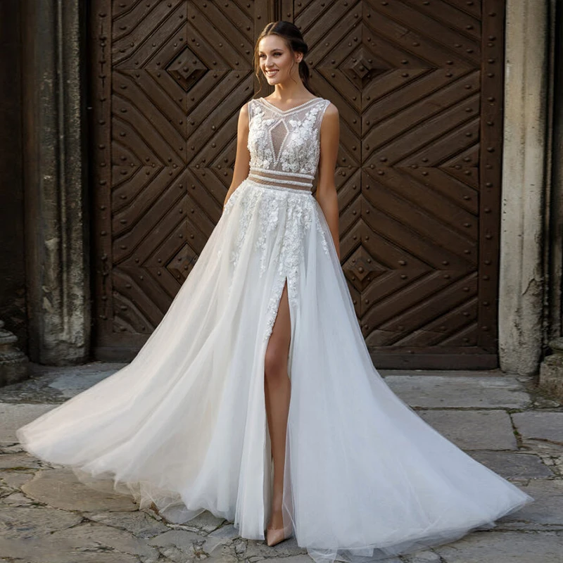 

Современное пляжное свадебное платье с V-образным вырезом, женское ТРАПЕЦИЕВИДНОЕ свадебное платье на молнии сзади с разрезом спереди, платье в стиле бохо