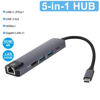 

5 in 1 USB Type-C Hub Hdmi 4K USB C Hub to Gigabit Ethernet Rj45 Lan Adapter for Thunderbolt 3 USB-C Charger