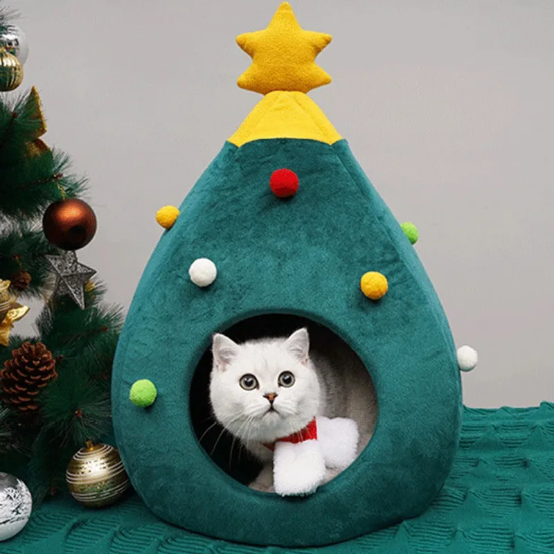 Горячая Pet пещера кровать питомник кровать Рождественская елка форма полузакрытого питомца Гнездо Дом спальный мешок зимние теплые уютные кровати