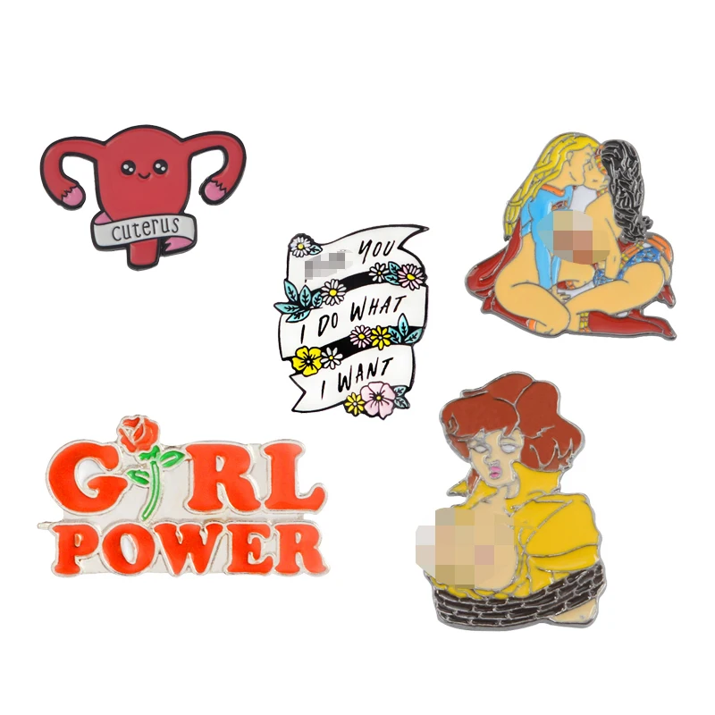 Enamel Brooch Pin Motivational Feminism Power-Uterus Red Rose Hurray Girl Female Womens