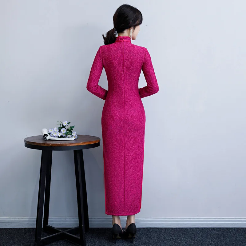 Китайское элегантное вечернее платье ручной работы с пуговицами Qipao, тонкое длинное Qipao, большие размеры, M-4XL, сексуальное кружевное Чонсам с высоким разрезом