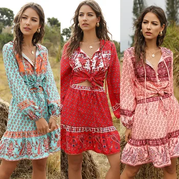 

2020 2 pieces Set Skirt and Tops Women Summer Outfit Boho Print Lantern Sleeve Buttons Sexy Suit Bohemian Beach Dropshipping