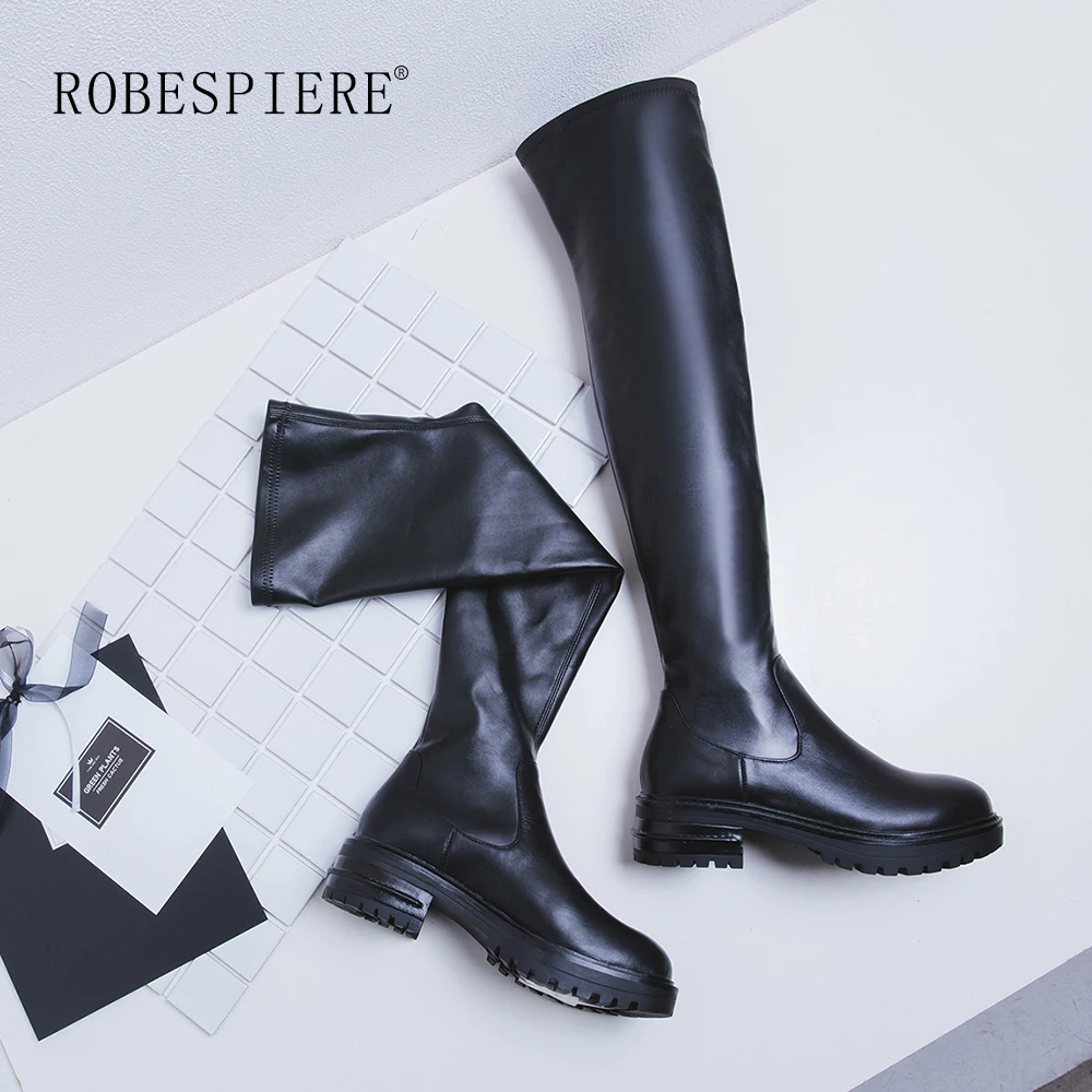 ROBESPIERE/черные женские ботфорты; Качественная теплая зимняя обувь из натуральной кожи; женская одежда большого размера на платформе и низком каблуке; B94