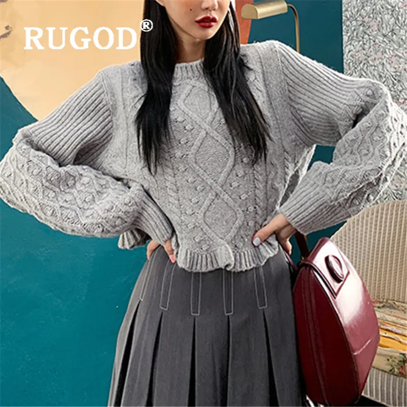RUGOD, короткие свитера с рукавами-фонариками, пуловер, свободный джемпер, зимние топы для женщин, трикотаж, корейский стиль, женские свитера