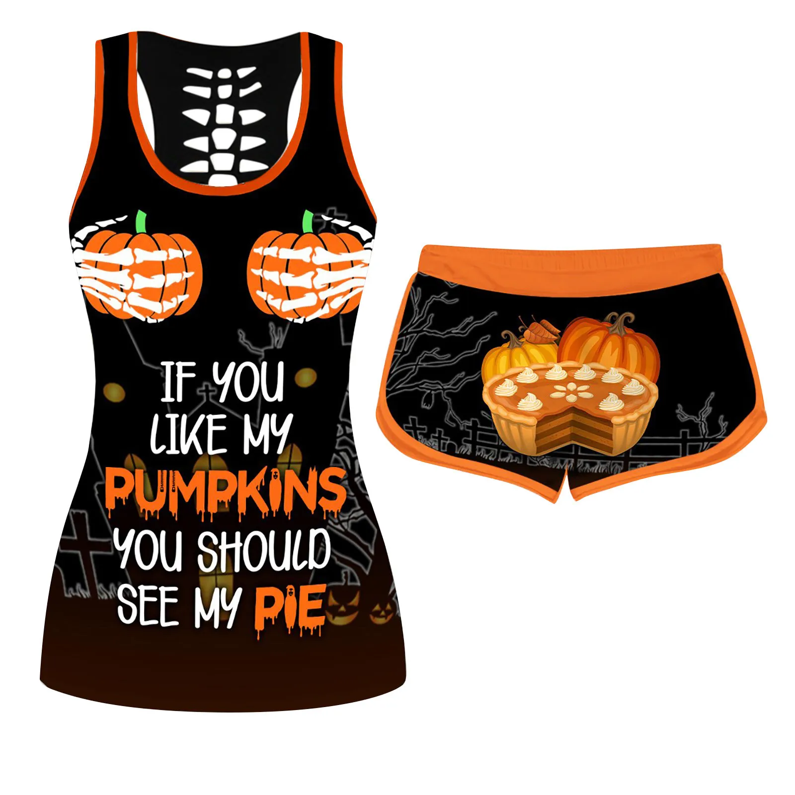 Shorts Sets Women's Festival Clothinghalloween Sleeveless Tank Tops Set Pumpkin Printing Elastic Waist Shorts Conjuntos De Mujer 2