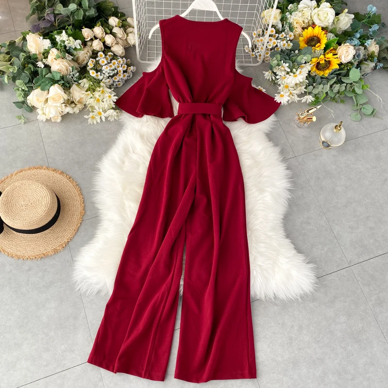 TAOVK Jumpsuit Female Strapless Ruffled Short Sleeve Strap High Waist Slimming Wide Leg Jumpsuit TAOVK Jumpsuit Female Strapless Ruffled Short Sleeve Strap High Waist Slimming Wide Leg Jumpsuit